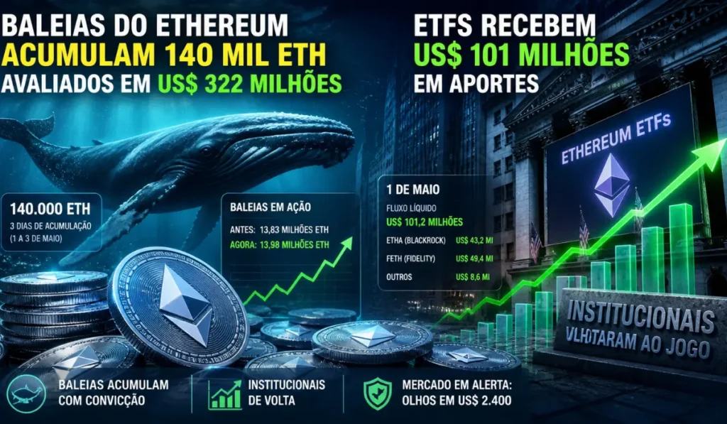 Baleias do Ethereum Acumulam 140 Mil ETH Avaliados em US$ 322 Milhões Enquanto ETFs Recebem US$ 101 Milhões em Aportes