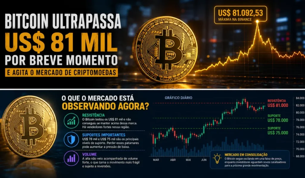 Bitcoin Ultrapassa US$ 81 Mil por Breve Momento e Agita o Mercado de Criptomoedas